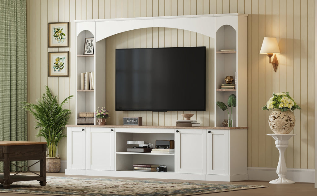 Entertainment Center Arched Wall Unit White MDF Fits TV 91.6x14.9x73.8 In