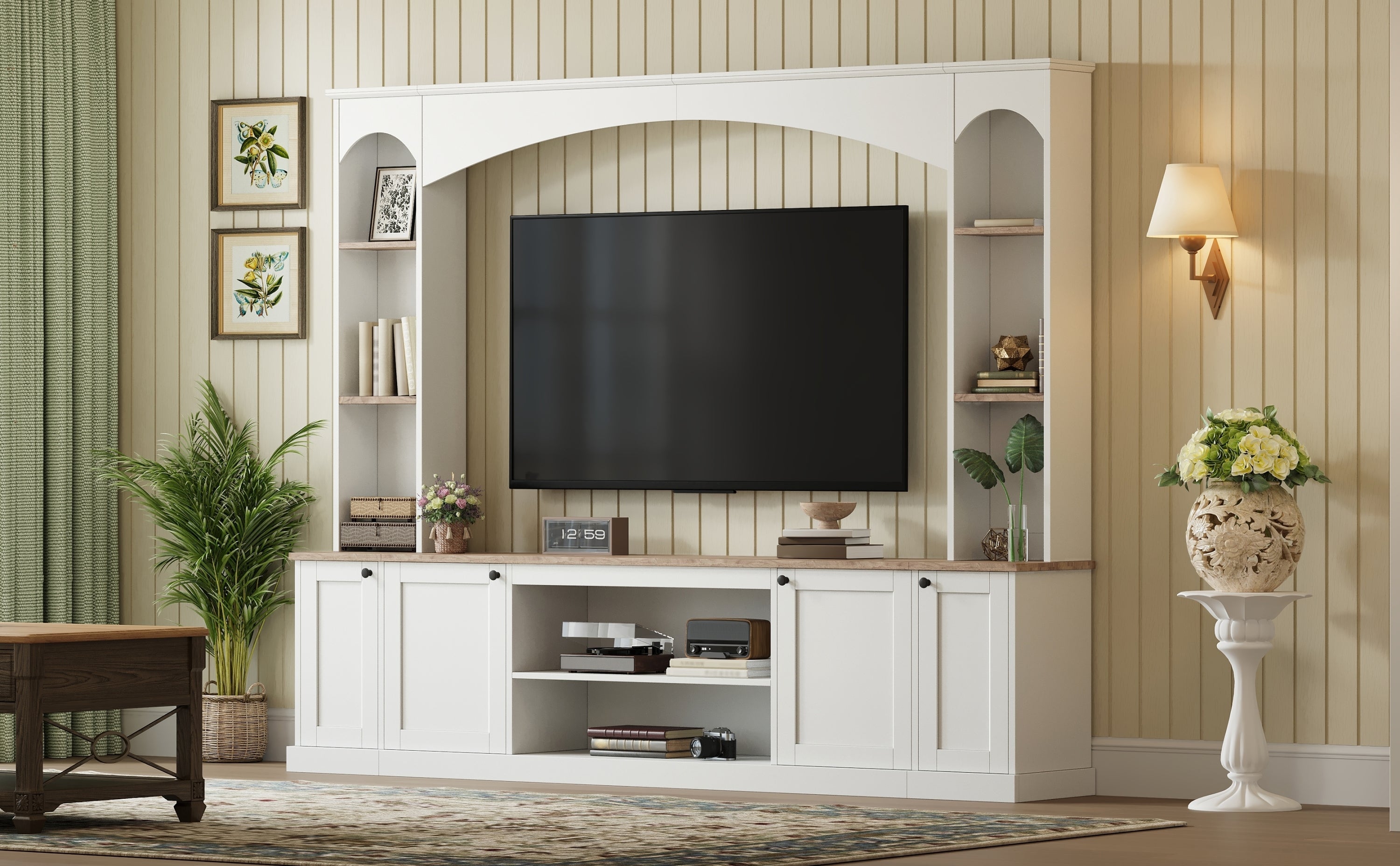 Entertainment Center Arched Wall Unit White MDF Fits TV 91.6x14.9x73.8 In