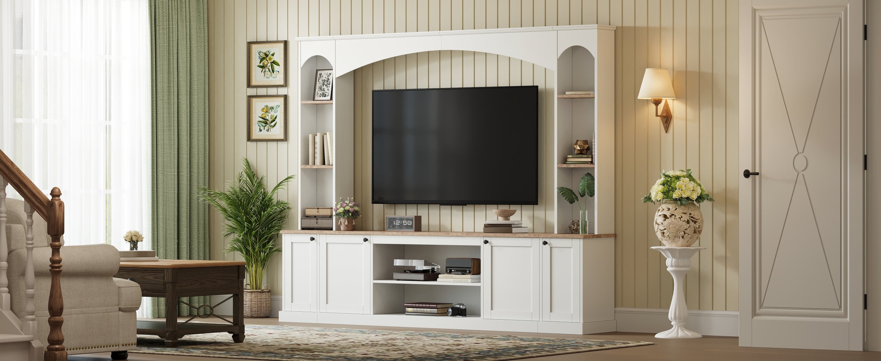 Entertainment Center Arched Wall Unit White MDF Fits TV 91.6x14.9x73.8 In